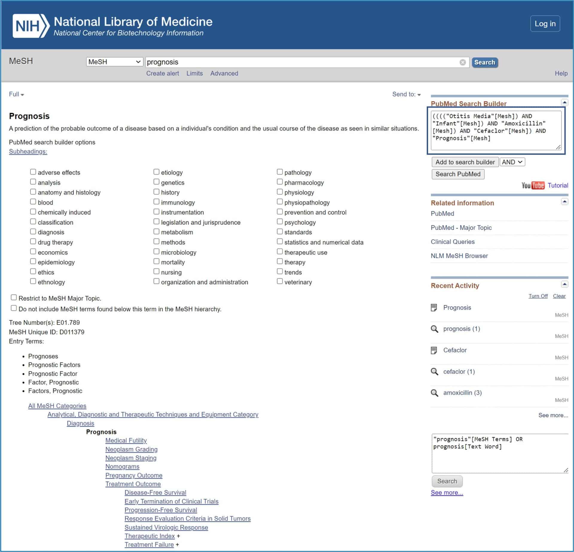 Searching  Pubmed using MeSH terms. Search builder