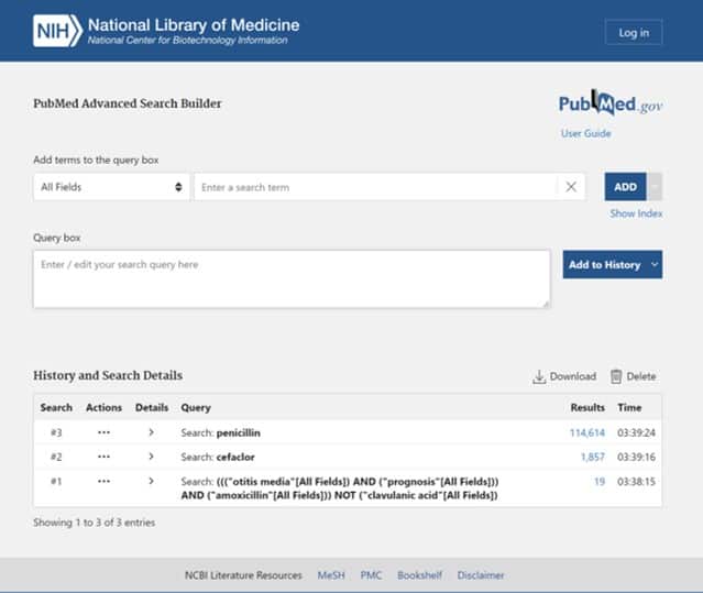 Advanced search in Pubmed