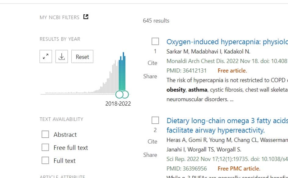 Searching pubmed using filters. Histogram